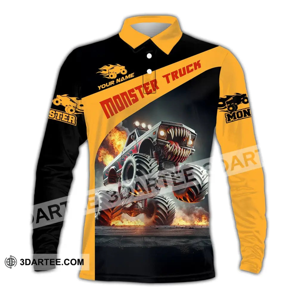 Unisex Shirt - Custom Text Monster Truck Long Sleeve Polo / S T-Shirt