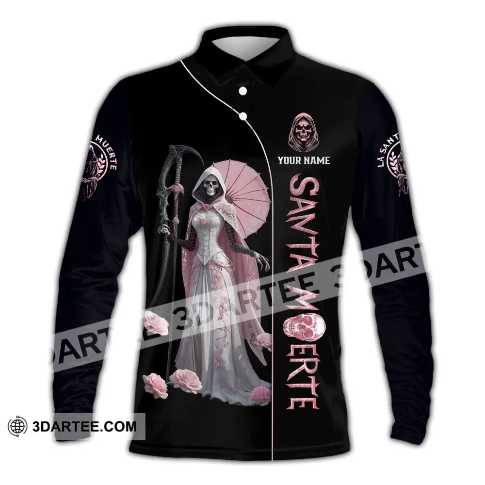 Unisex Shirt - Custom Text Santa Muerte Long Sleeve Polo / S T-Shirt