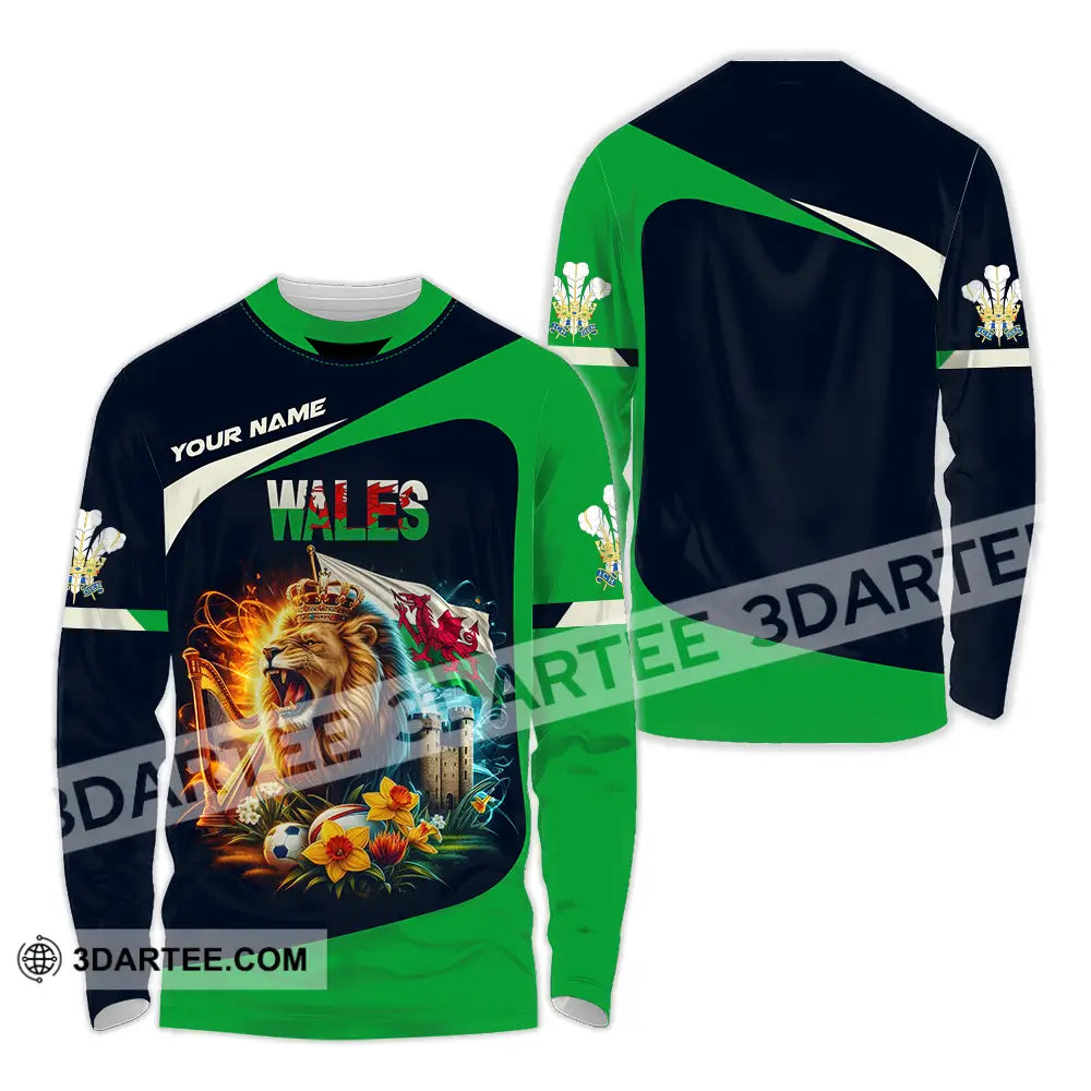 Unisex Shirt - Custom Text Wales Lion Long Sleeve / S T-Shirt