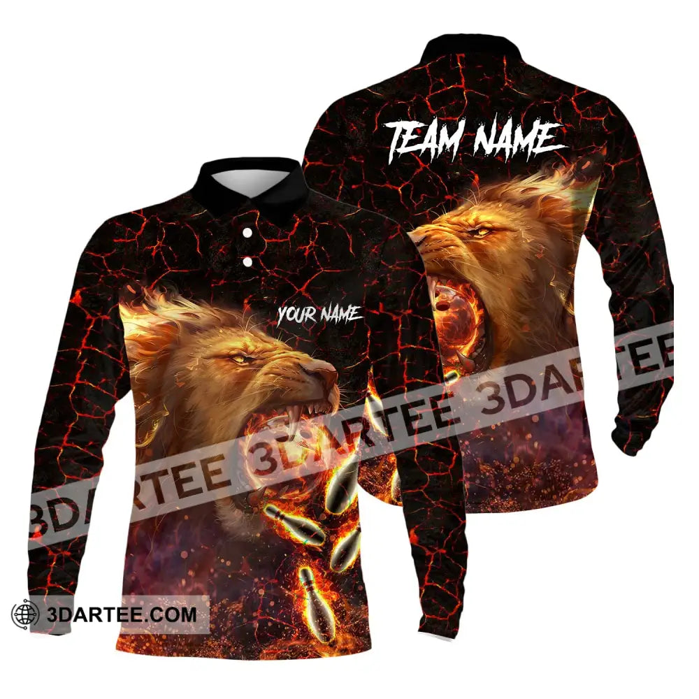 Unisex Shirt - Custom Texts Fire Lion Bowling Sport For Player Long Sleeve Polo / S T-Shirt