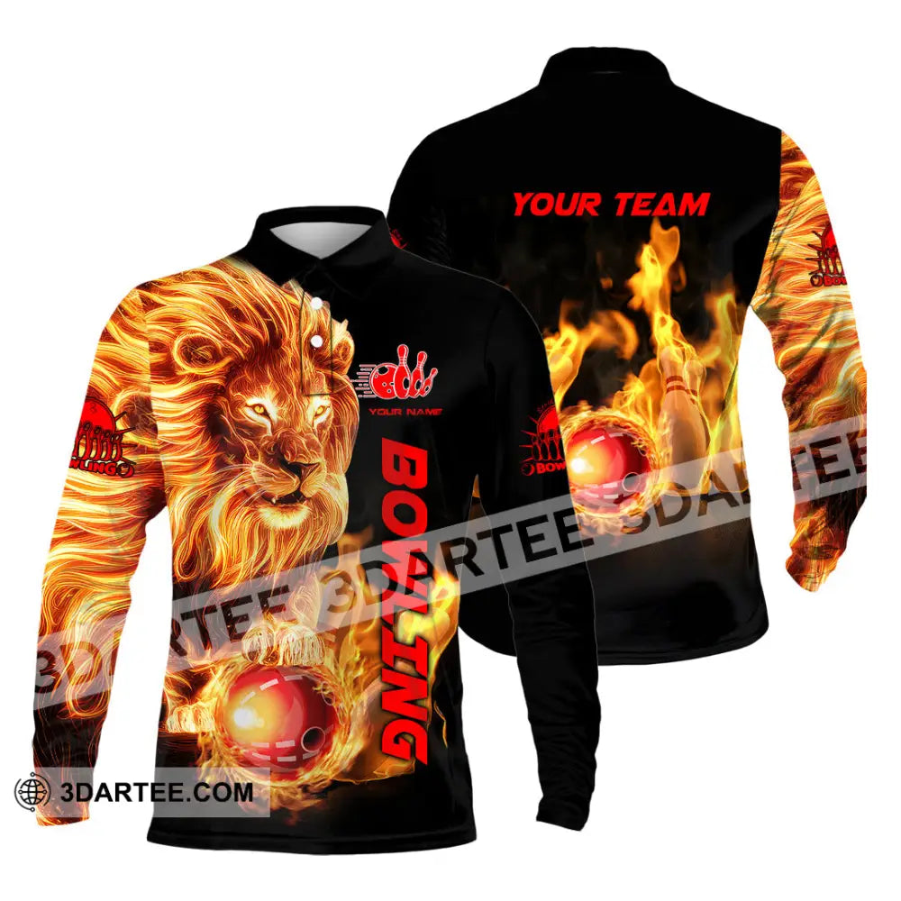 Unisex Shirt - Custom Texts Fire Lion Bowling Sport Long Sleeve Polo / S T-Shirt