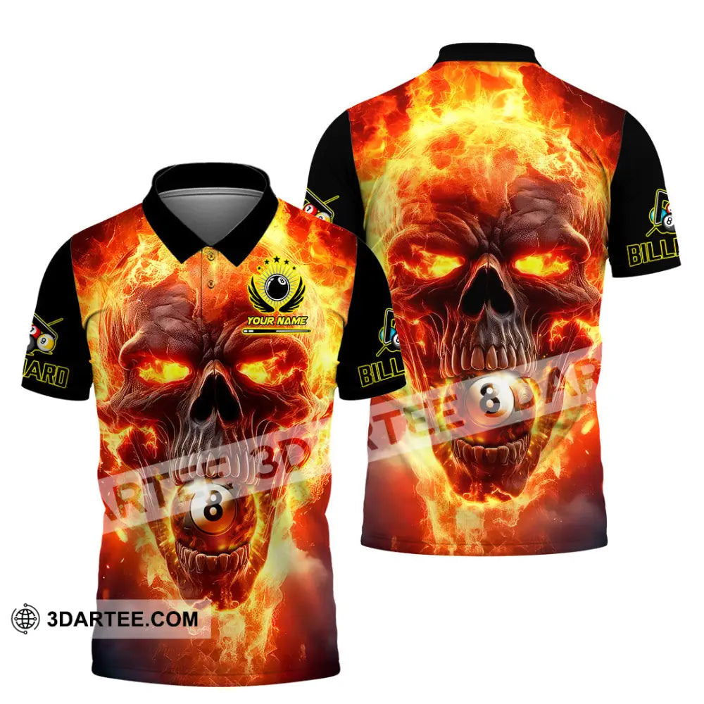 Unisex Shirt - Custom Texts Fire Skull Billiards No8 Sport Polo / S T-Shirt