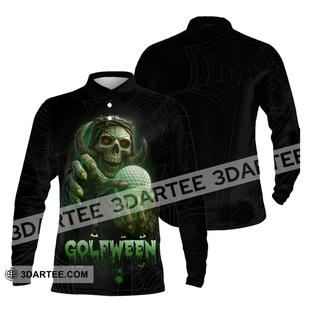 Unisex Shirt - Hello Darkness Skeleton Funny Skull Golf Golfween Halloween Golf Player Shirt Long Sleeve Polo / S