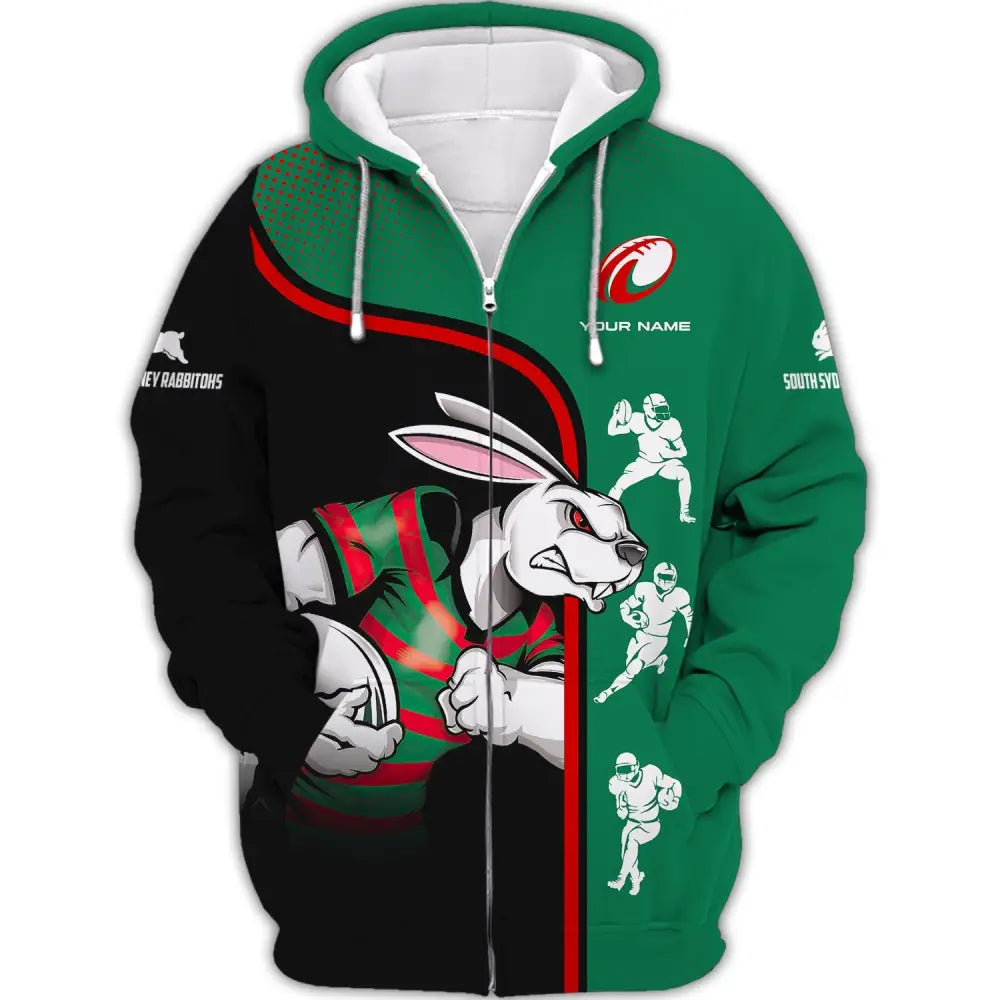 Unisex Shirt South Sydney Rabbitohs Reggie The Rabbit Hoodie Football T-Shirt Zipper / S