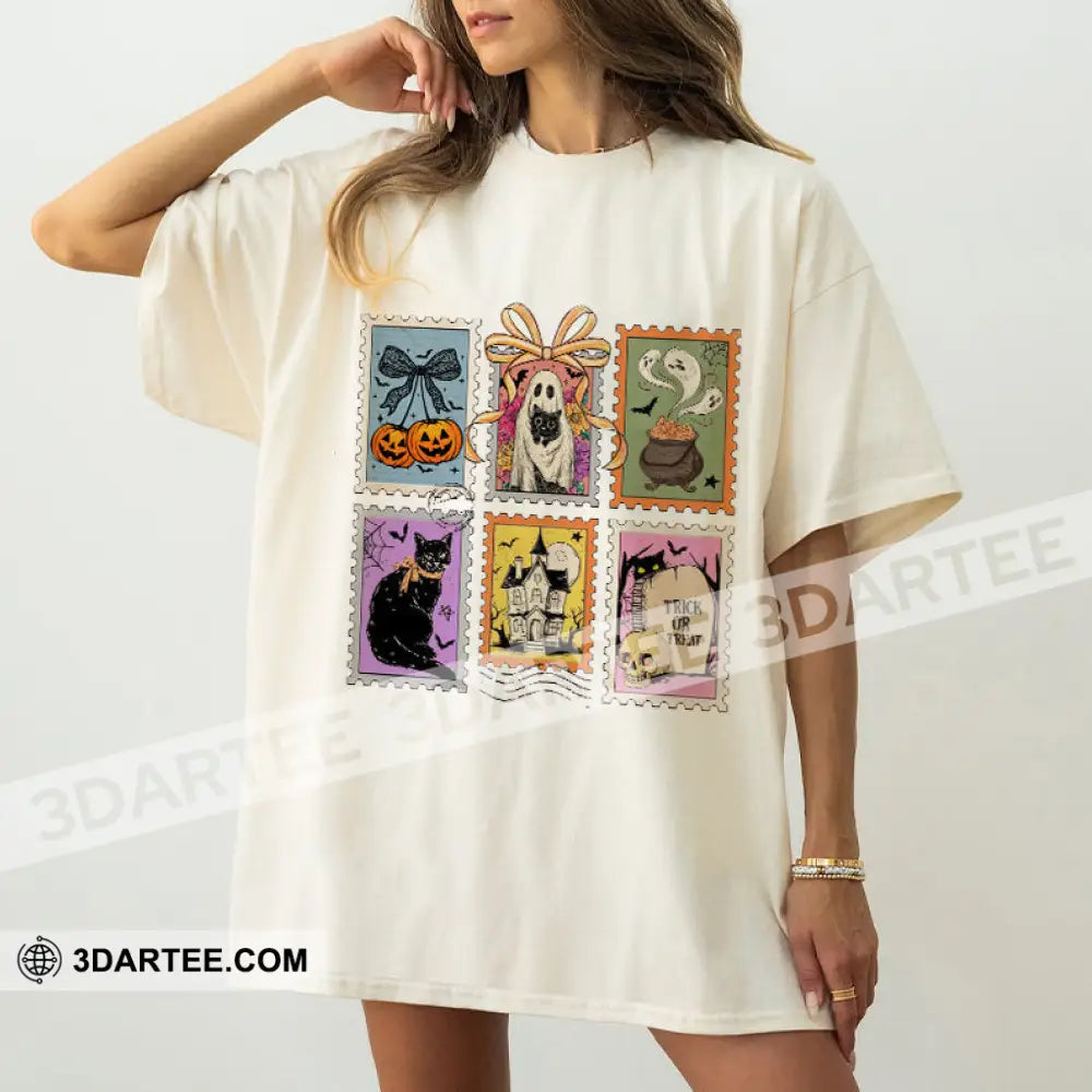 Unisex T-Shirt - Retro Halloween Cat Ghost Pumpkin T-Shirt Halloween Collectible Gift Beige / S Apparel