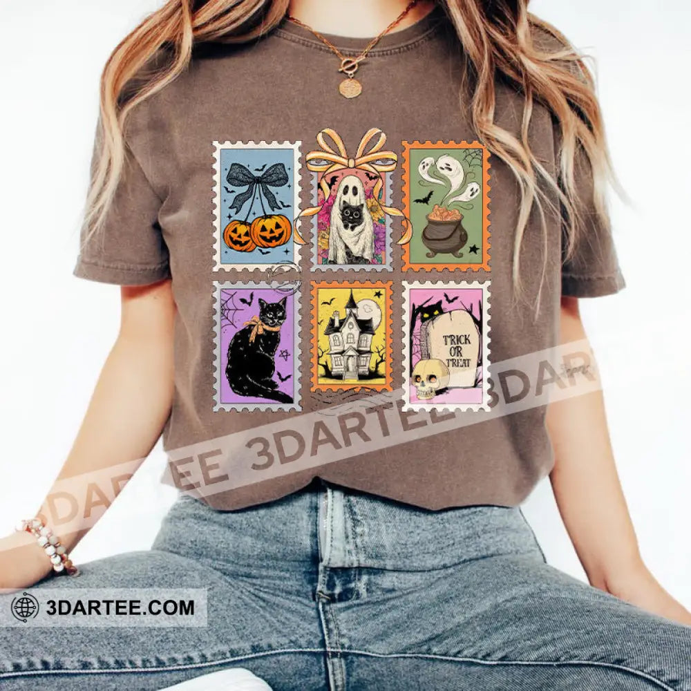 Unisex T-Shirt - Retro Halloween Cat Ghost Pumpkin T-Shirt Halloween Collectible Gift Brown / S Apparel