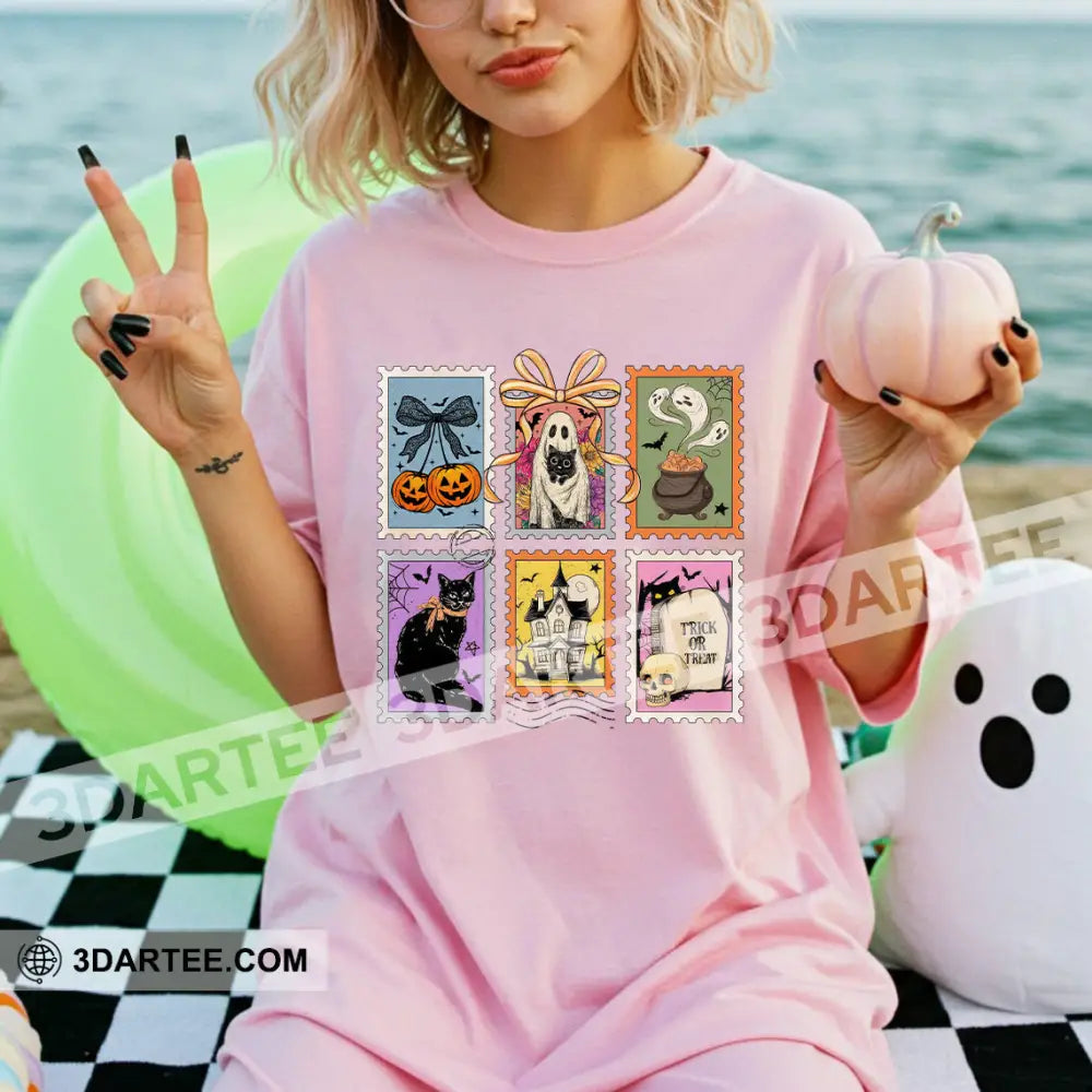 Unisex T-Shirt - Retro Halloween Cat Ghost Pumpkin T-Shirt Halloween Collectible Gift Light Pink / S Apparel