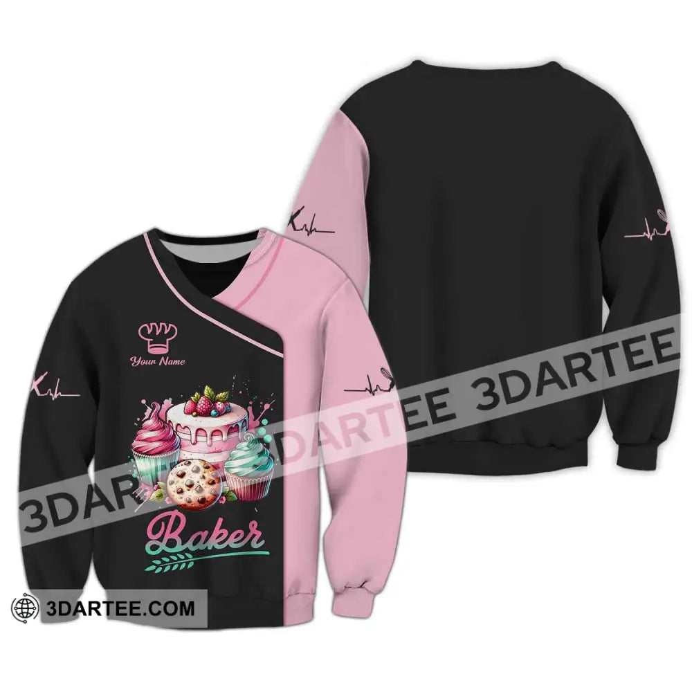 Woman Shirt Custom Name Baker Bakery Uniform Chef Baking Lovers Gift Long Sleeve / S T-Shirt