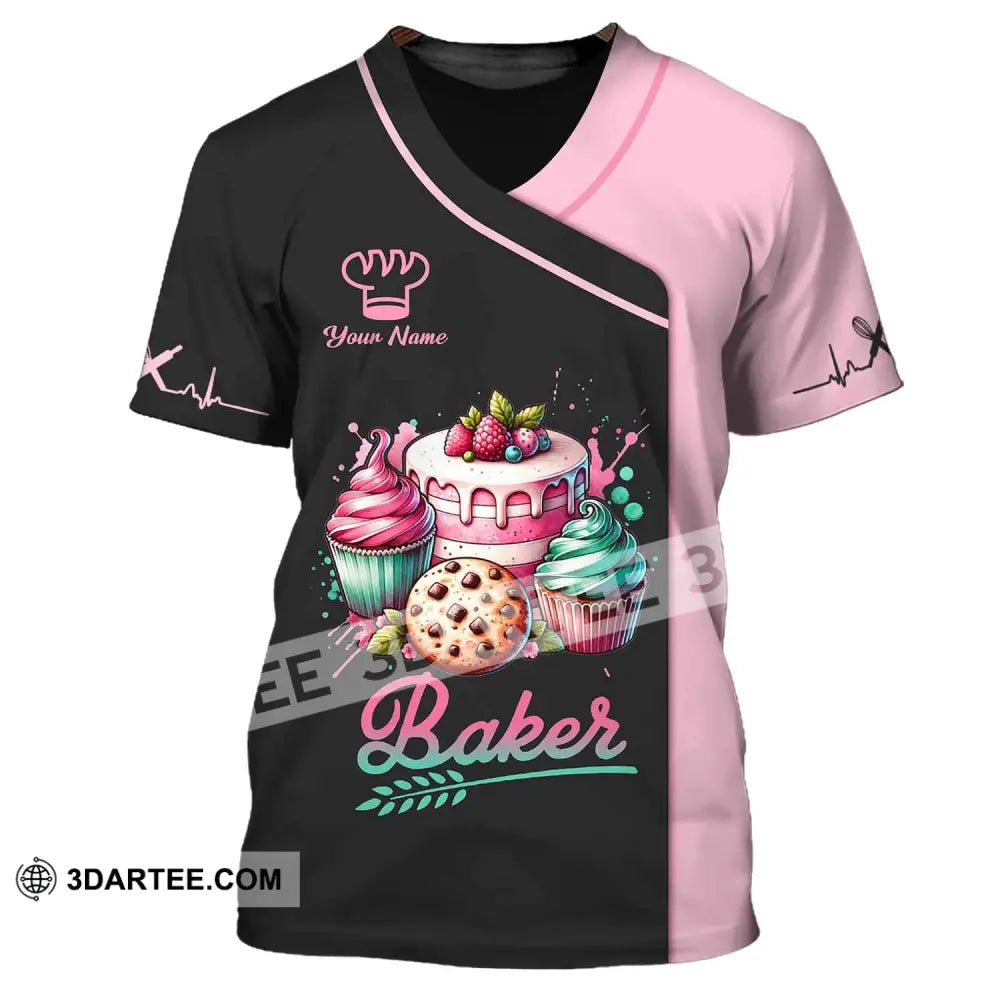 Woman Shirt Custom Name Baker Bakery Uniform Chef Baking Lovers Gift T-Shirt / S