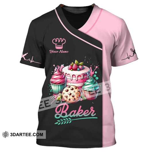 Woman Shirt Custom Name Baker Bakery Uniform Chef Baking Lovers Gift T-Shirt / S