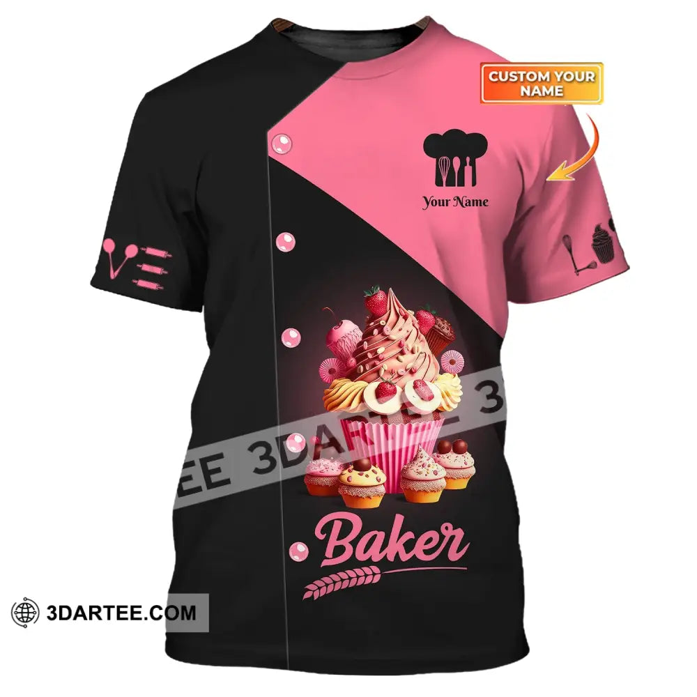 Woman Shirt Custom Name Bakery Baker Pink Cake Chef Apparel Baking Lovers Gift T-Shirt