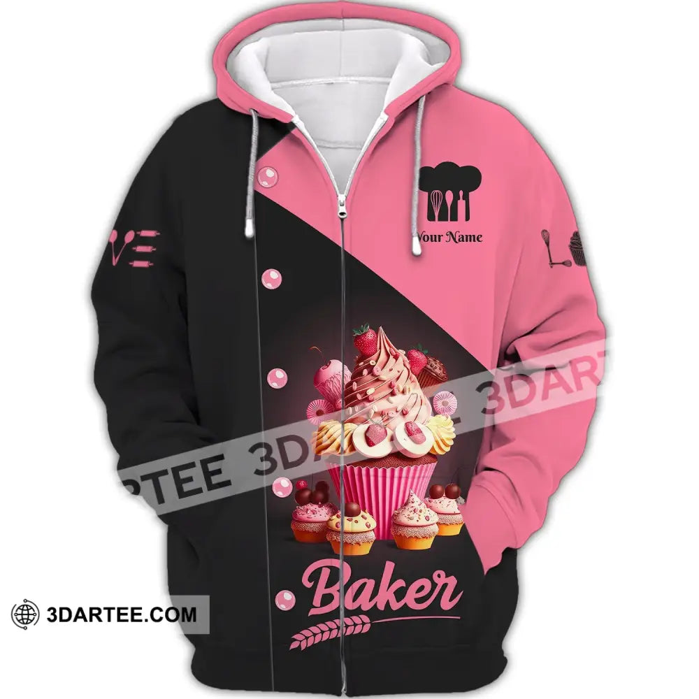 Woman Shirt Custom Name Bakery Baker Pink Cake Chef Apparel Baking Lovers Gift Zipper Hoodie / S