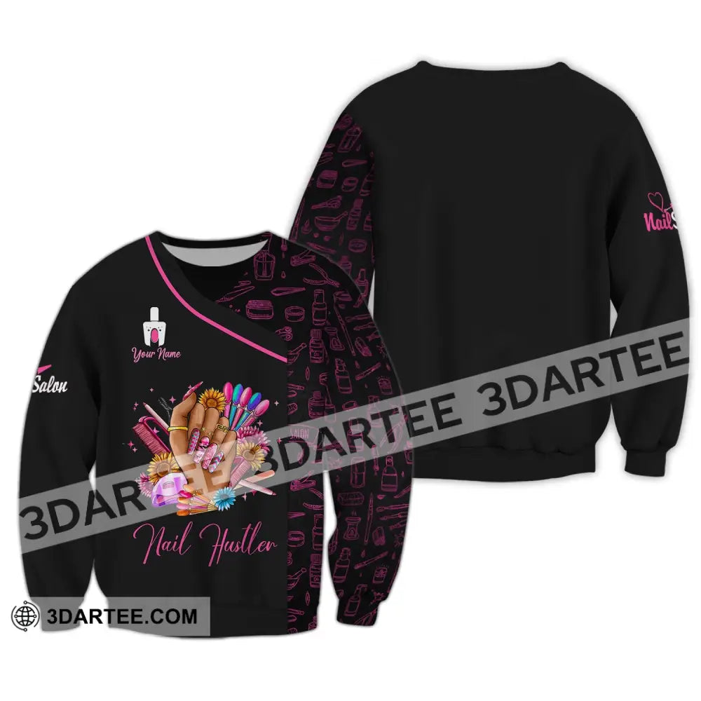 Woman Shirt Custom Name Nail Artist Hustler Salon T-Shirt Long Sleeve / S