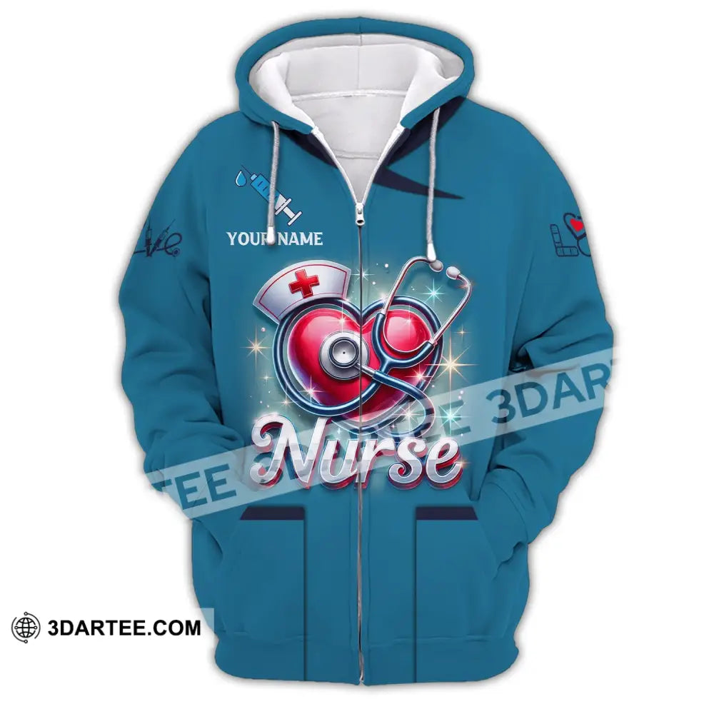 Woman Shirt Custom Name Nurse Polo Long Sleeve Love T-Shirt Zipper Hoodie / S T-Shirt